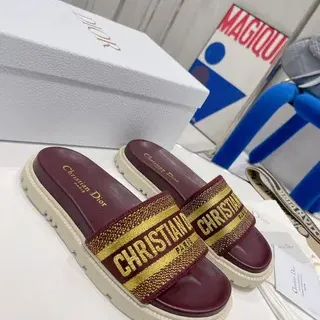 Dior Burgundy Gold Woven Logo Strap Chunky Lug Sole Slippers