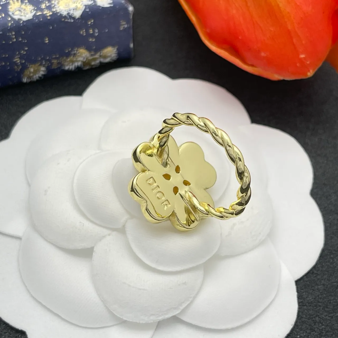 Dior Four-Heart Floral Motif Ivory and Gold Ring 3