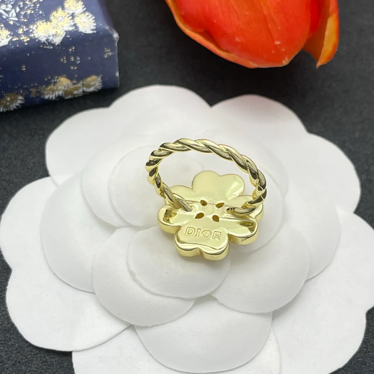 Dior Four-Heart Floral Motif Ivory and Gold Ring 4