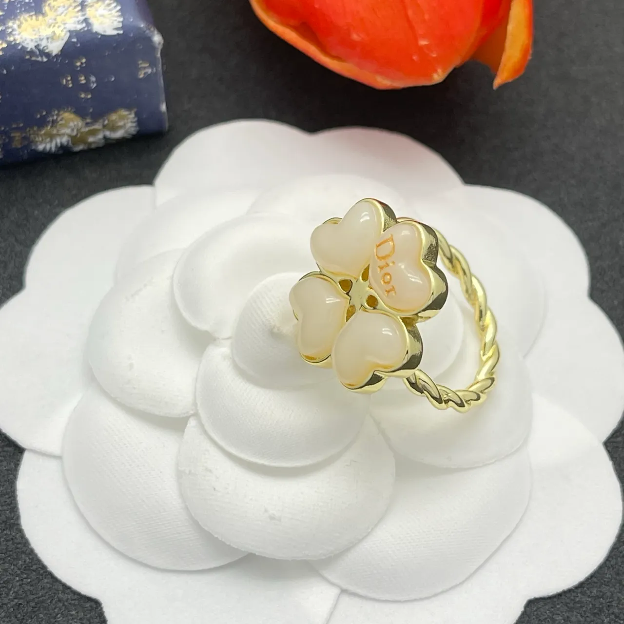 Dior Four-Heart Floral Motif Ivory and Gold Ring 5