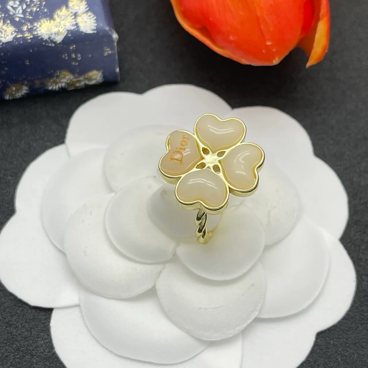 Dior Four-Heart Floral Motif Ivory and Gold Ring 6