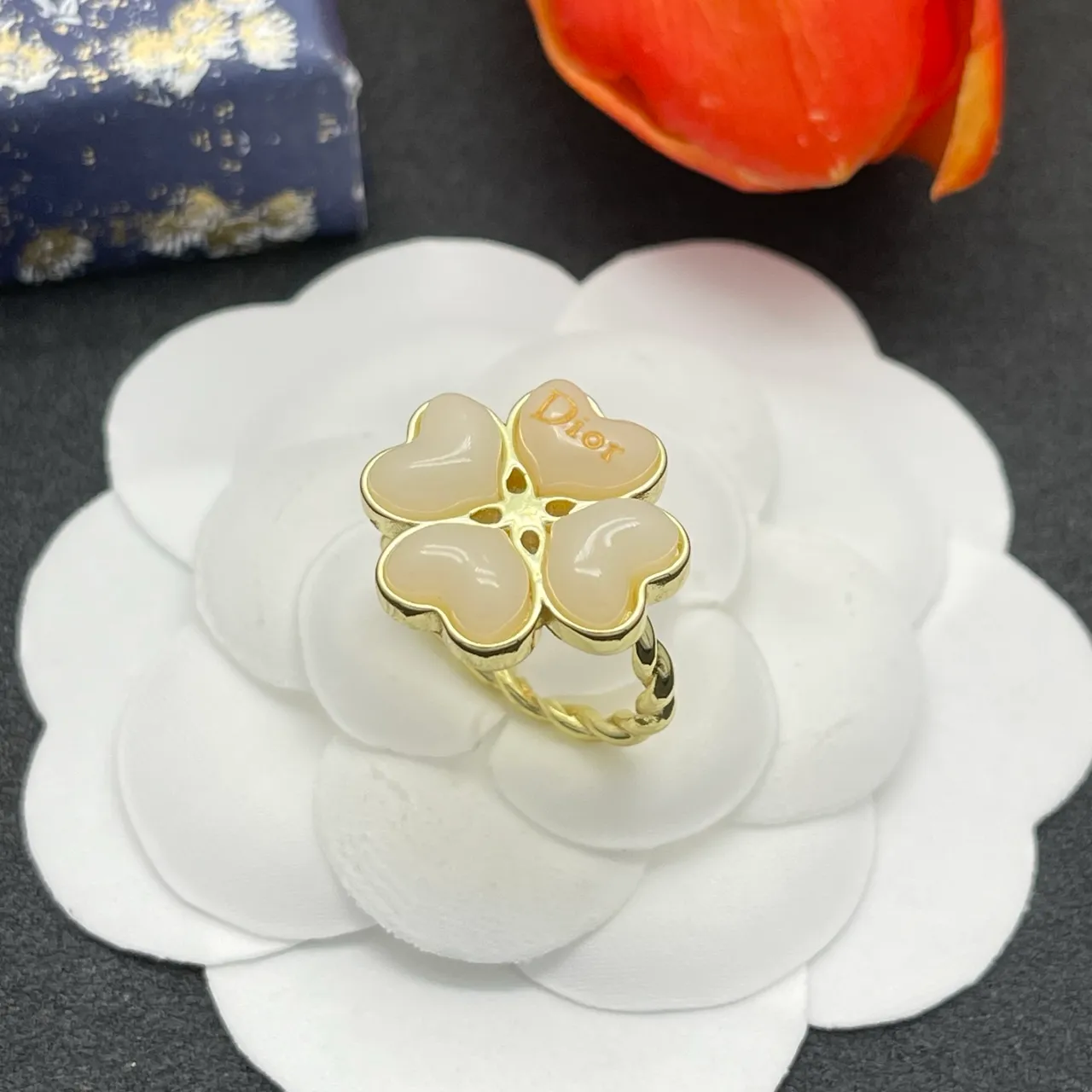 Dior Four-Heart Floral Motif Ivory and Gold Ring 7