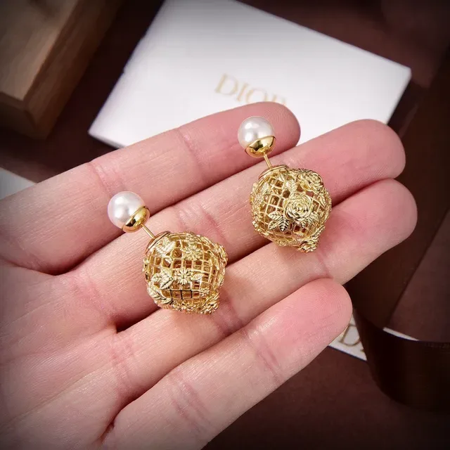 Dior Gold-Tone Filigree Cage Pearl Stud Earrings 3