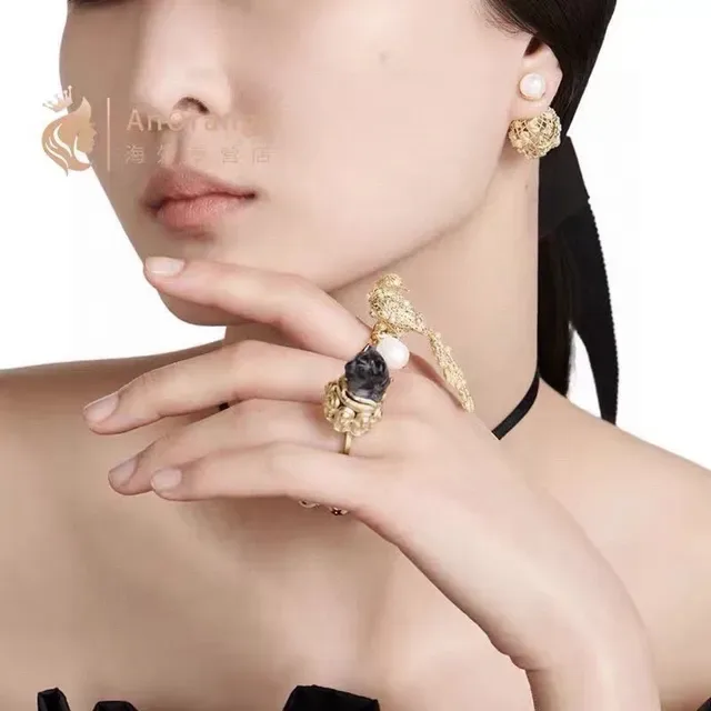 Dior Gold-Tone Filigree Cage Pearl Stud Earrings 5