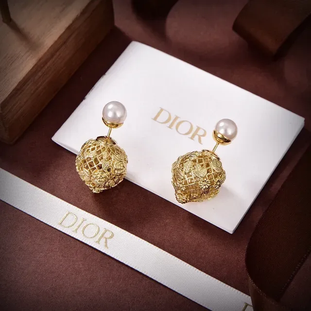 Dior Gold-Tone Filigree Cage Pearl Stud Earrings 7
