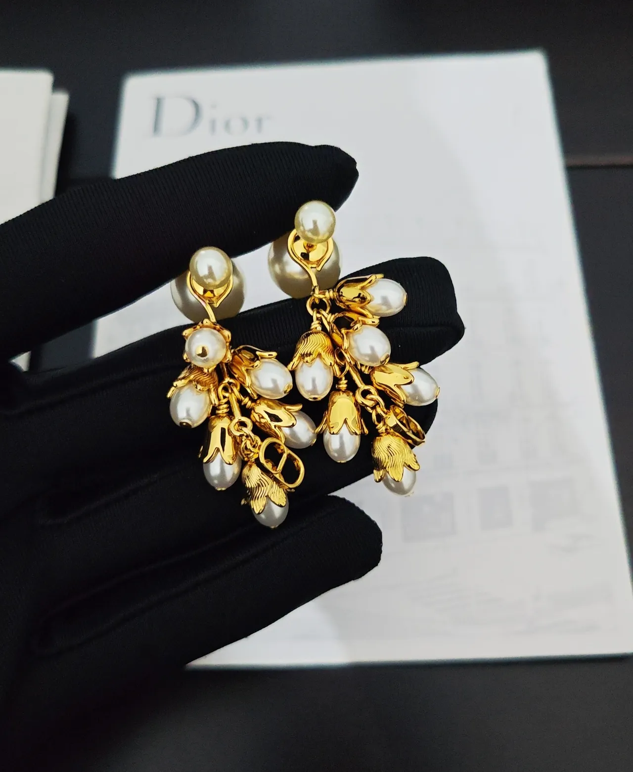 Dior Gold-Tone Floral Pearl Drop Earrings 3