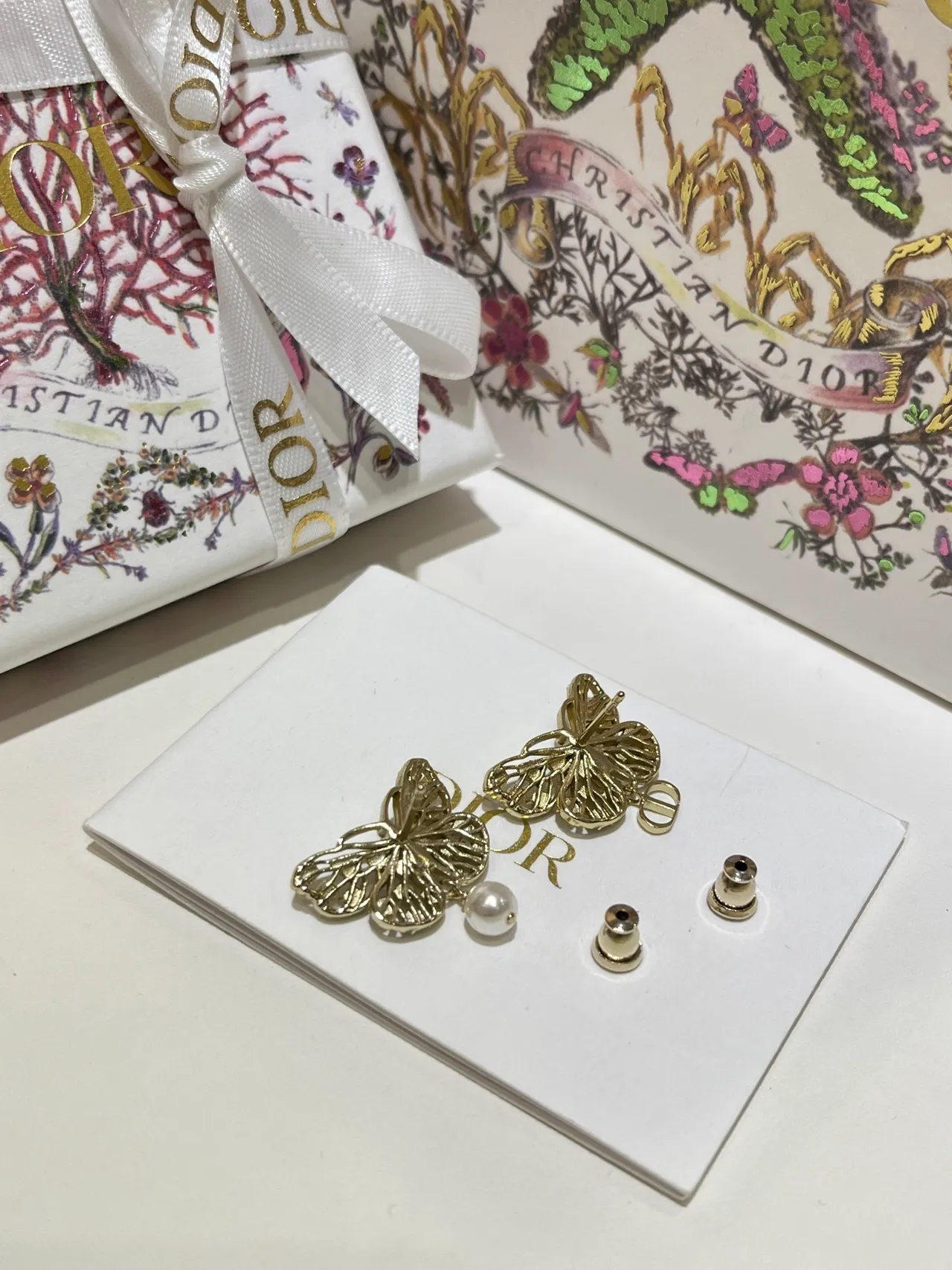 Dior Gold White Butterfly Silhouette Pearl-Embellished Earrings 3