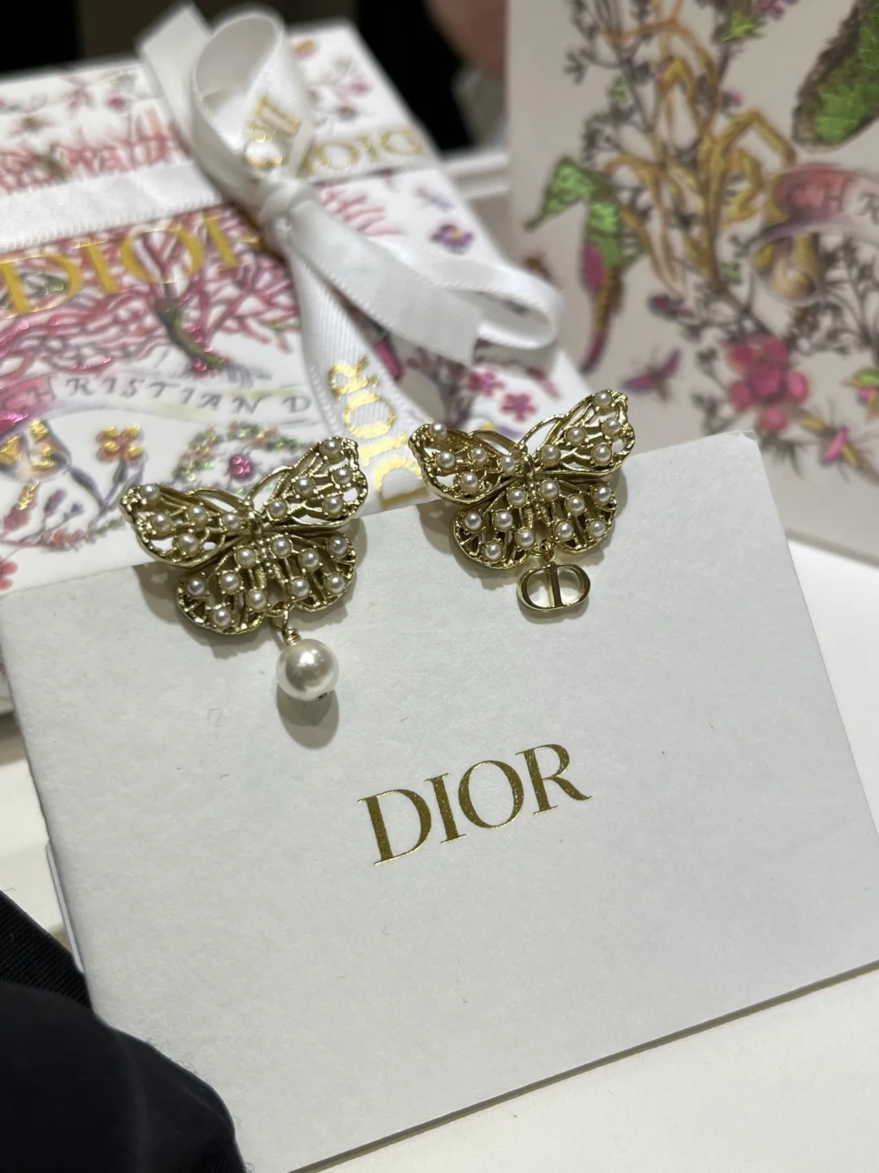 Dior Gold White Butterfly Silhouette Pearl-Embellished Earrings 4