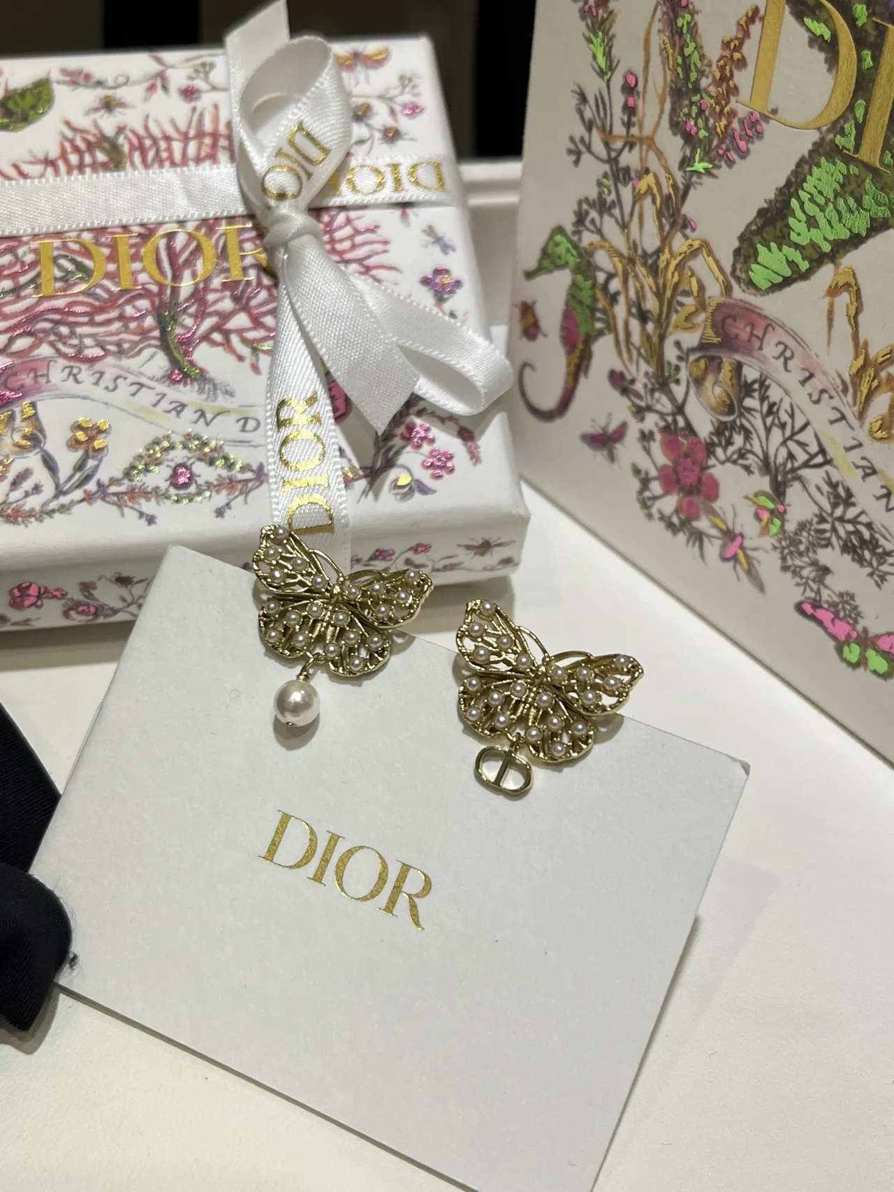 Dior Gold White Butterfly Silhouette Pearl-Embellished Earrings 5