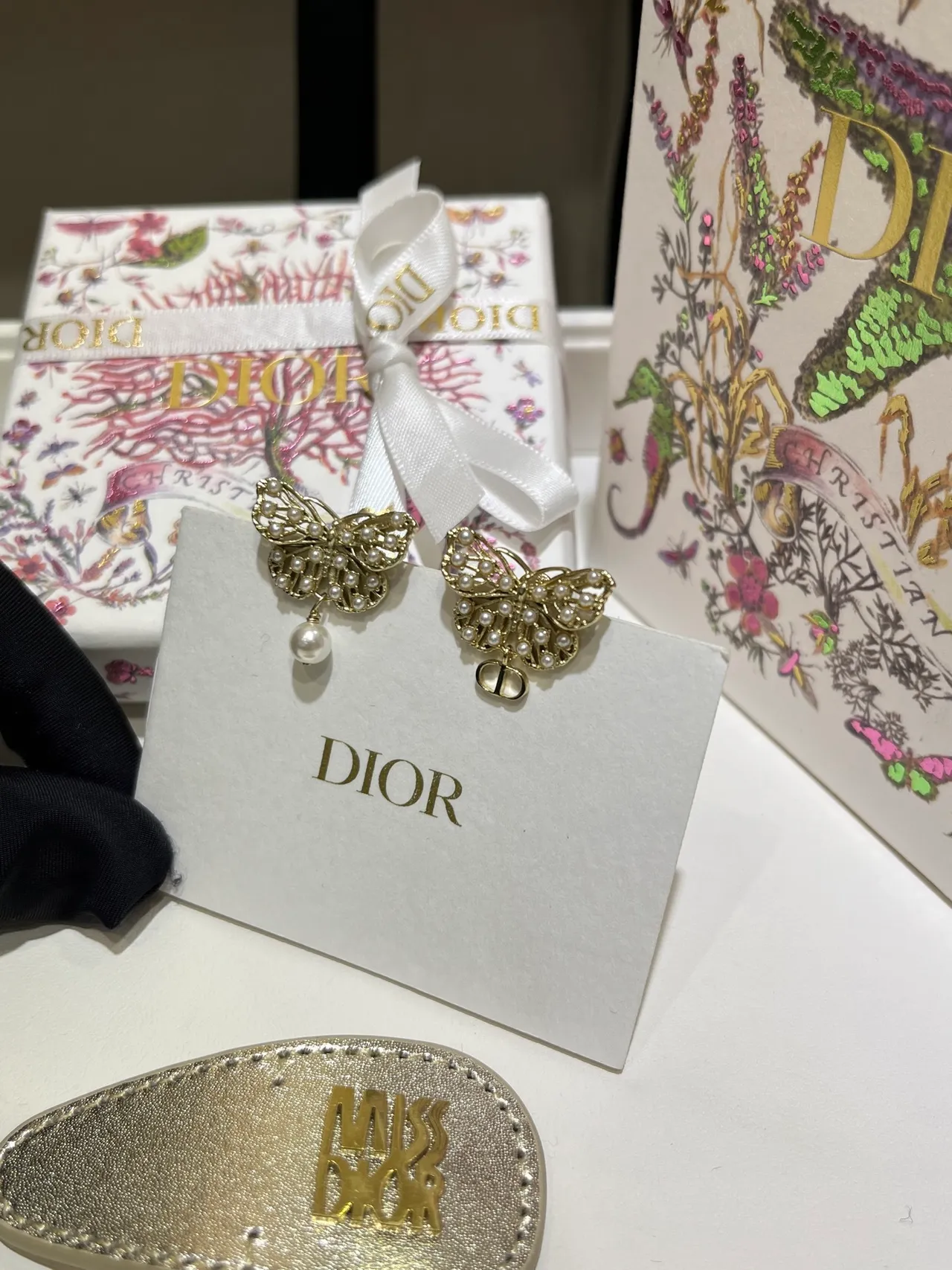 Dior Gold White Butterfly Silhouette Pearl-Embellished Earrings 6