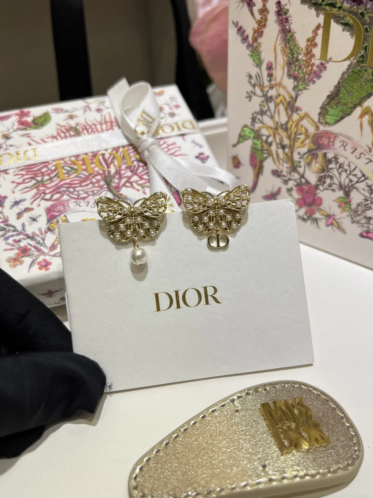 Dior Gold White Butterfly Silhouette Pearl-Embellished Earrings 7