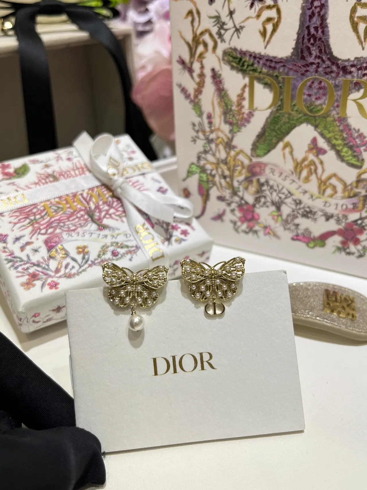 Dior Gold White Butterfly Silhouette Pearl-Embellished Earrings 8
