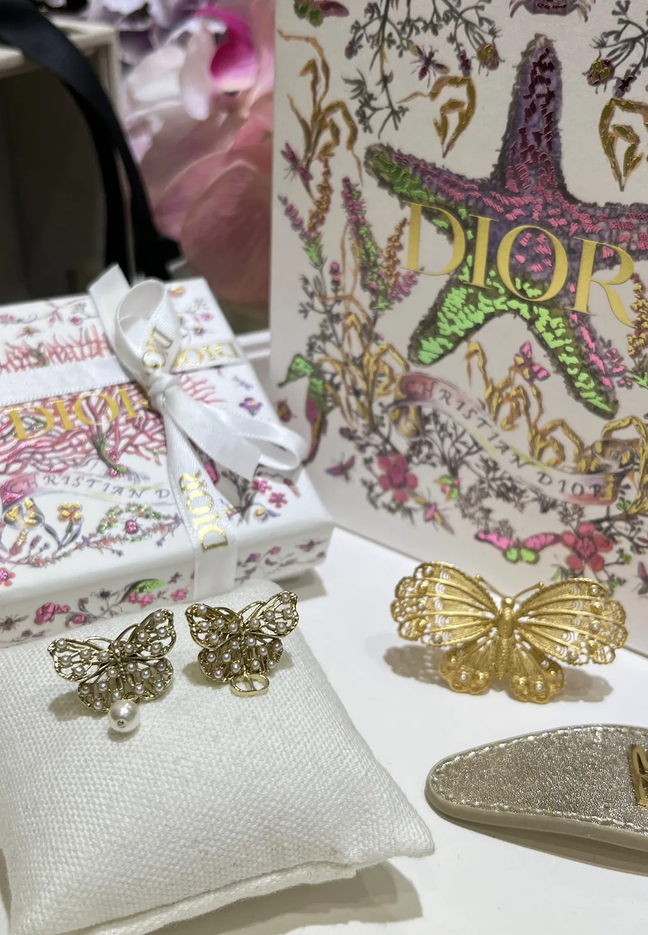 Dior Gold White Butterfly Silhouette Pearl-Embellished Earrings 9