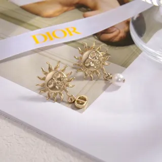 Dior Gold White Sun-Face Motif Asymmetrical Design Earrings
