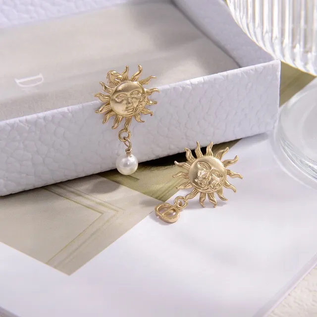 Dior Gold White Sun-Face Motif Asymmetrical Design Earrings 2