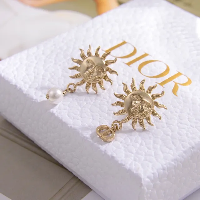 Dior Gold White Sun-Face Motif Asymmetrical Design Earrings 3