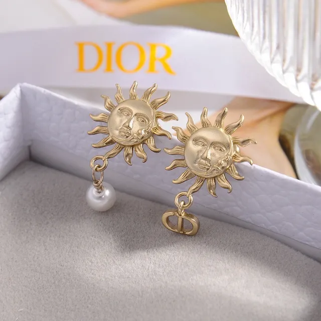 Dior Gold White Sun-Face Motif Asymmetrical Design Earrings 4
