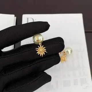 Dior Gold White Sunburst Pendant Cultured Pearl Stud Earrings