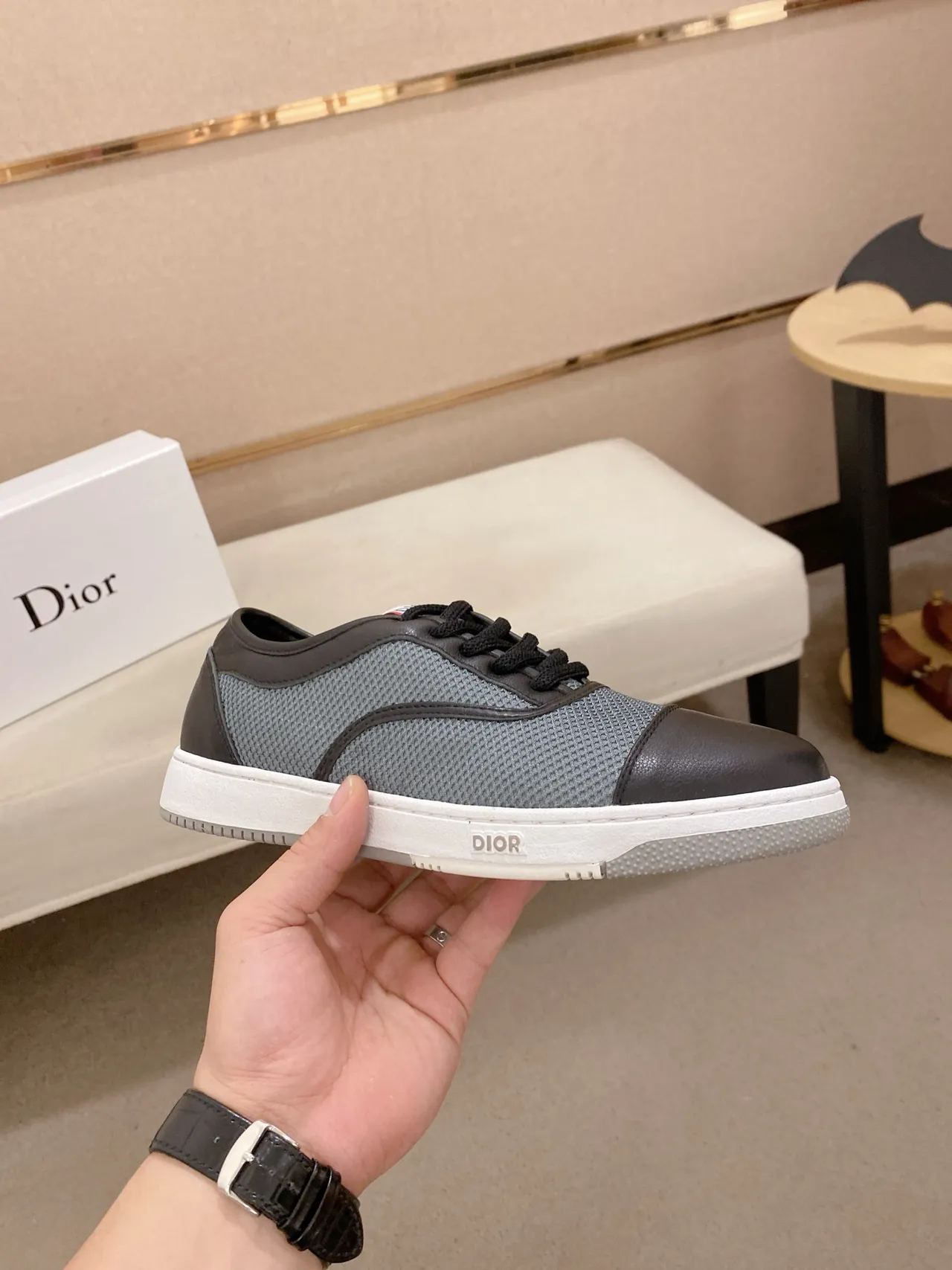 Dior Gray Black Cap-Toe Mesh-and-Leather Upper Lifestyle Sneakers 6