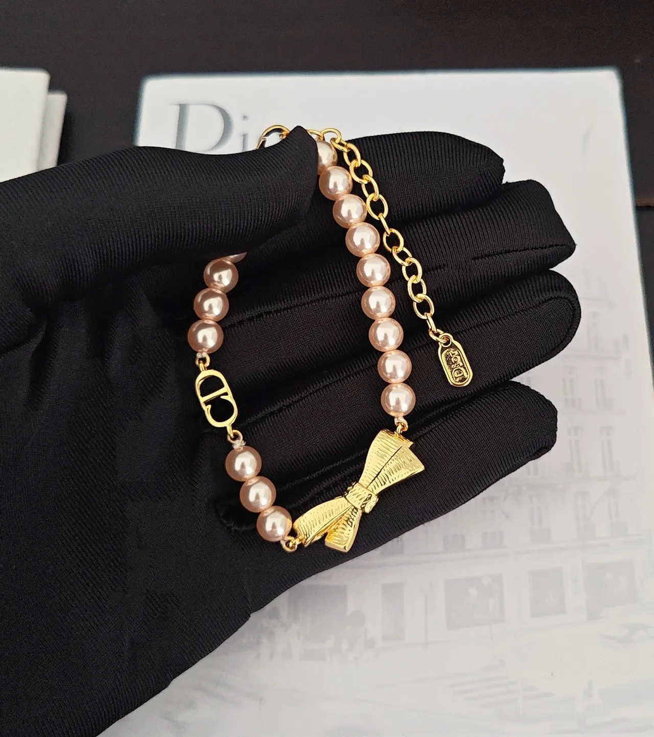 Dior La D de Pink Gold Pearl Strand Bow Charm Bracelet 3