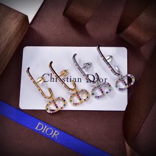 Dior 多彩金色 水晶镶嵌 D形 主题 耳环