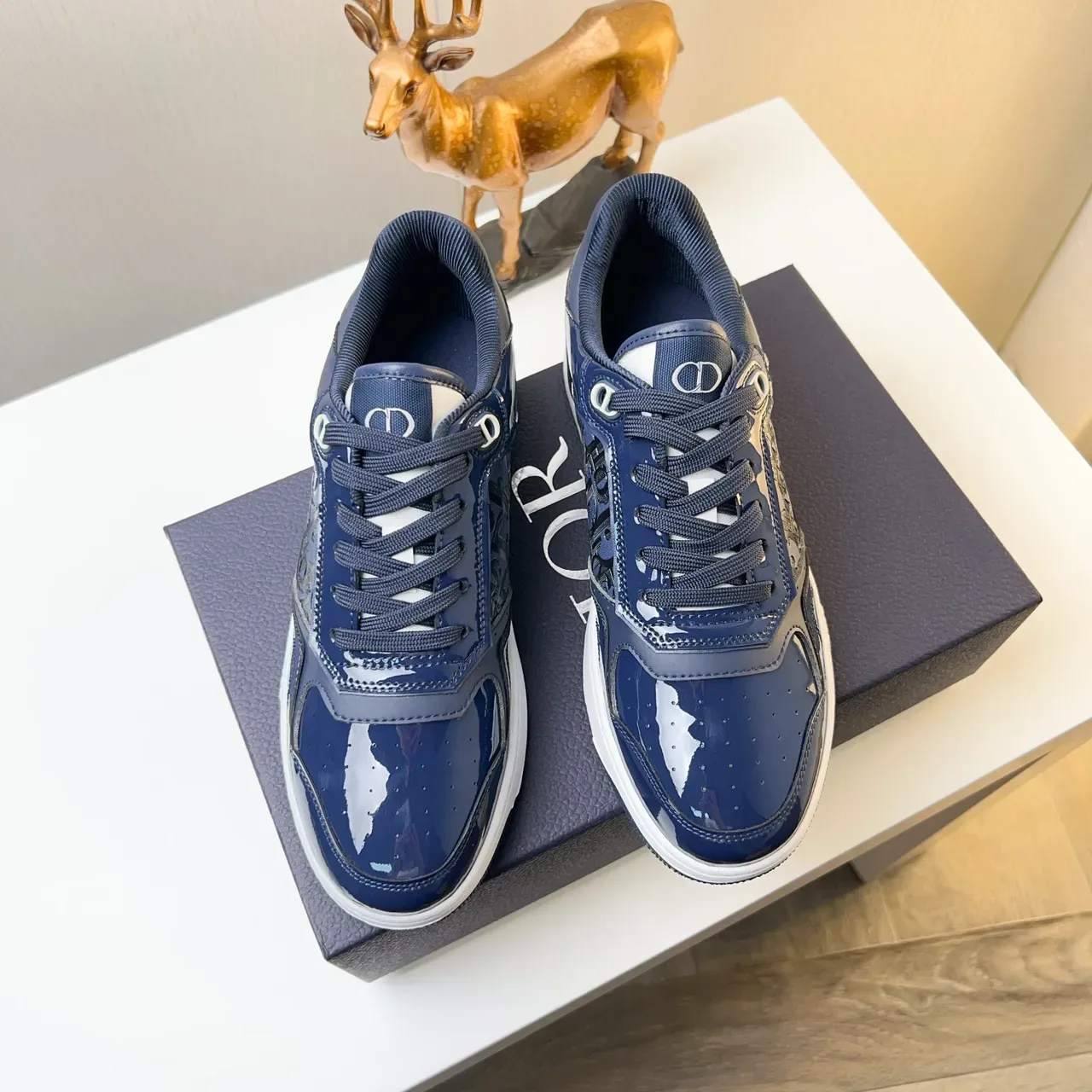 Dior Navy White Glossy Patent-Like Upper Monogrammed Side Panel Lifestyle Sneakers 3