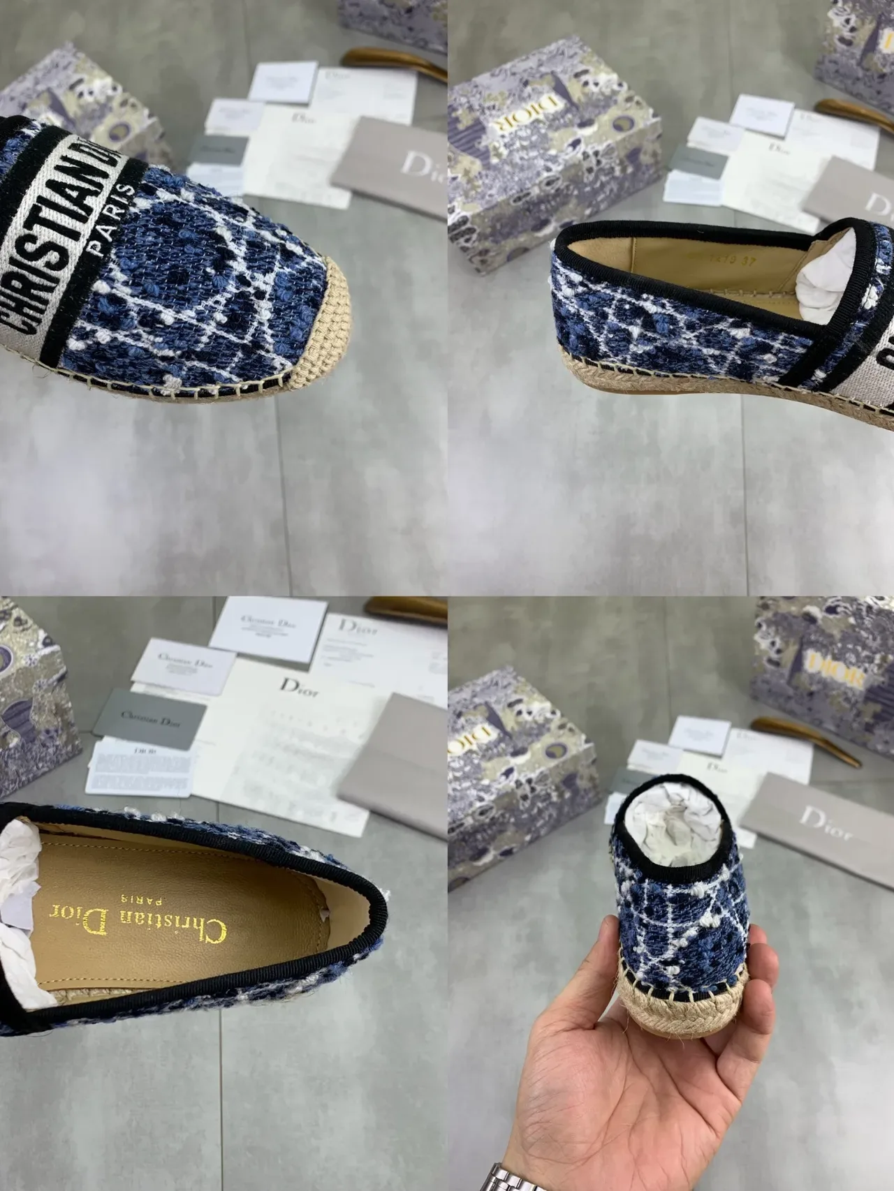 Dior Navy White Tige en tweed tissé Semelle d'espadrille en jute Chaussures de bateau 2
