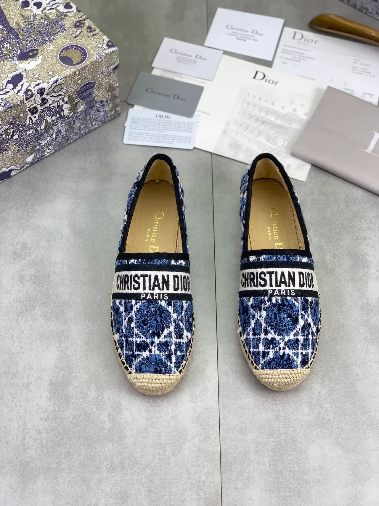 Dior Navy White Tige en tweed tissé Semelle d'espadrille en jute Chaussures de bateau 4