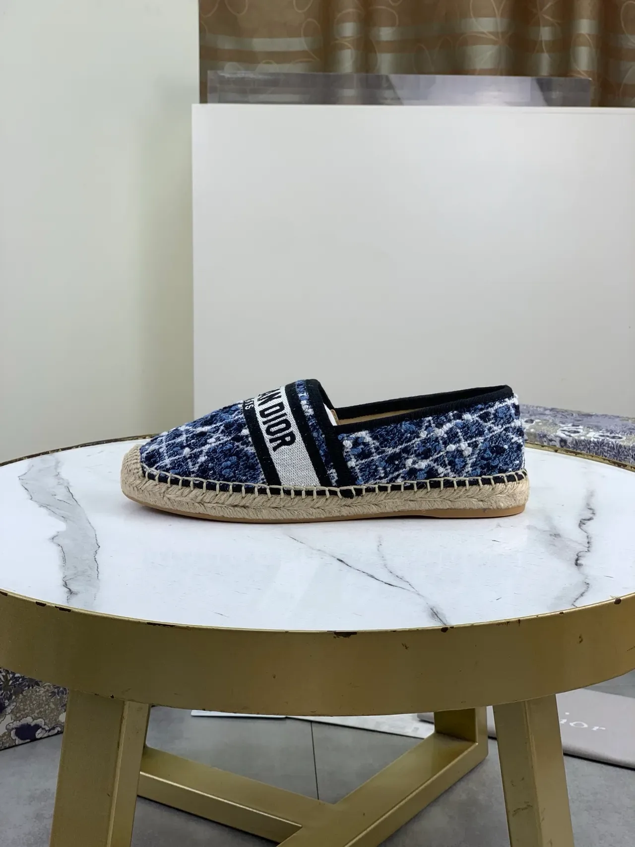 Dior Navy White Tige en tweed tissé Semelle d'espadrille en jute Chaussures de bateau 5