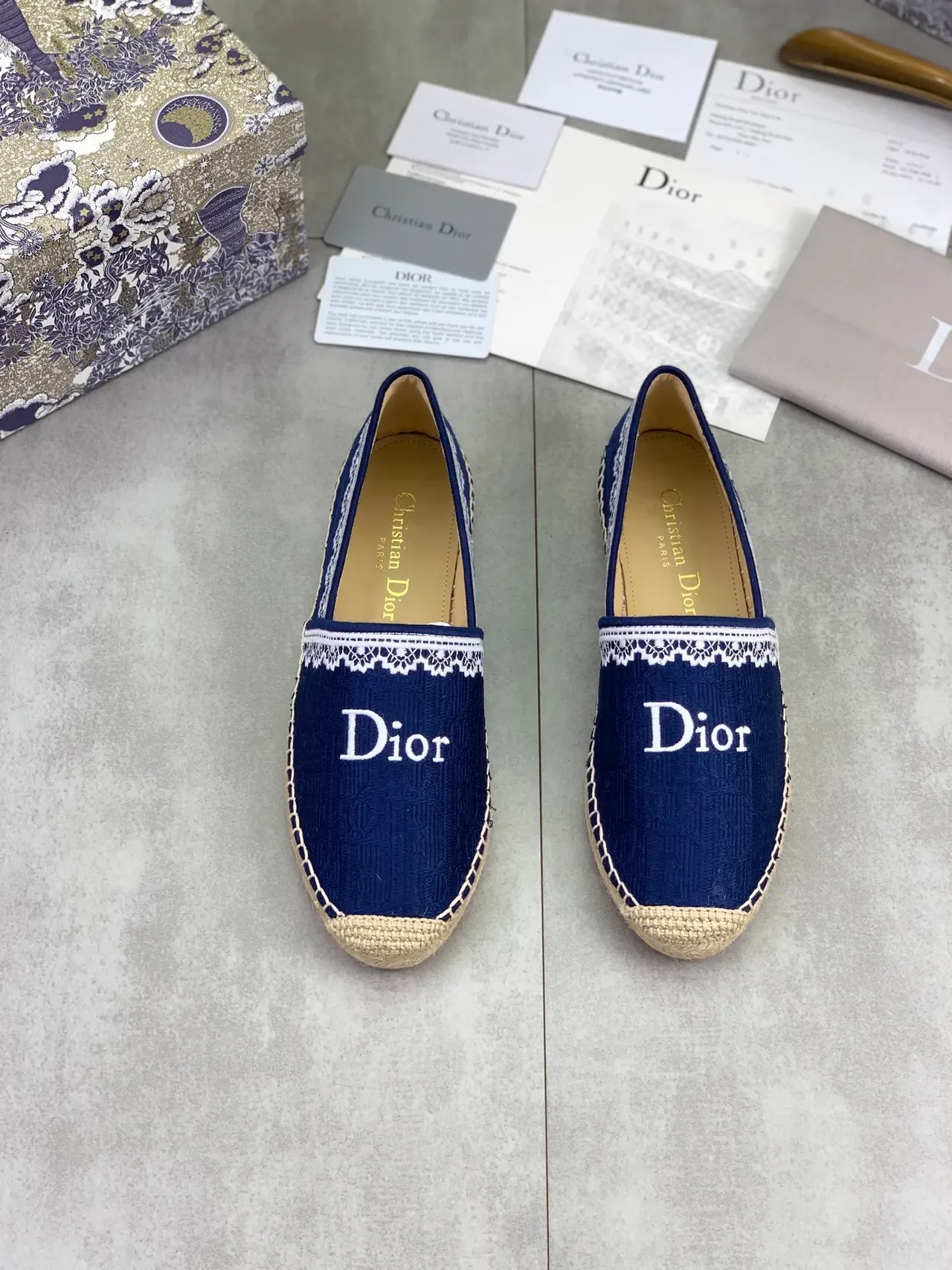 Dior Navy Woven Lace-Trimmed Espadrille Boat Shoes 5