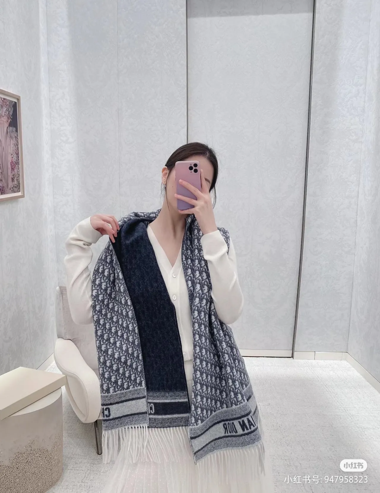 Dior Oblique Monogram Navy and White Cashmere Scarf 2