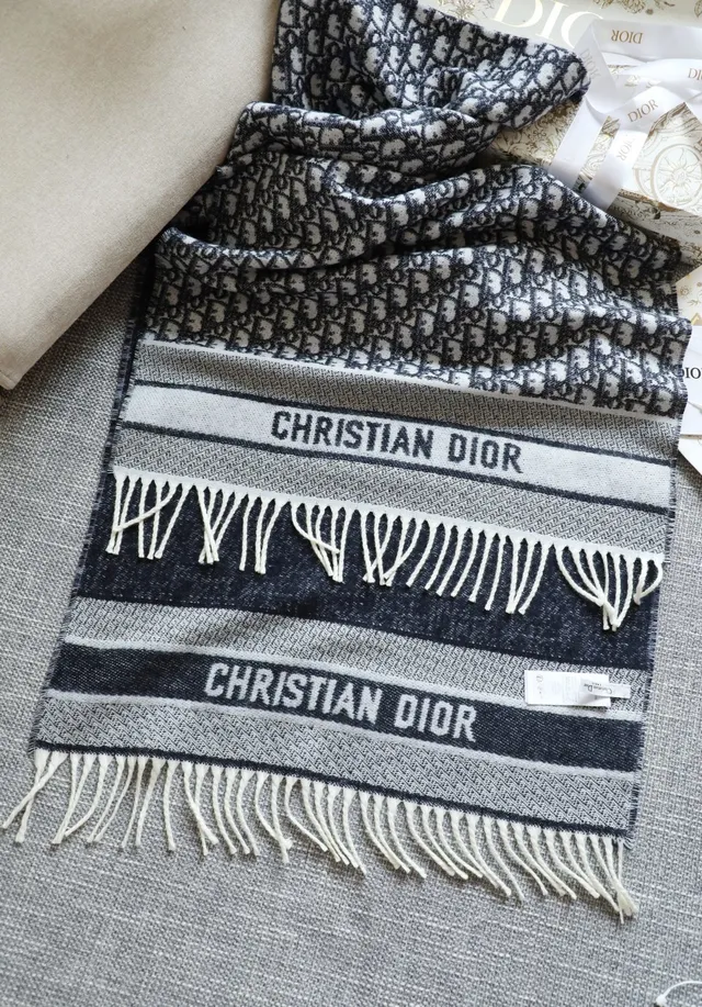 Dior Oblique Monogram Navy and White Cashmere Scarf 8