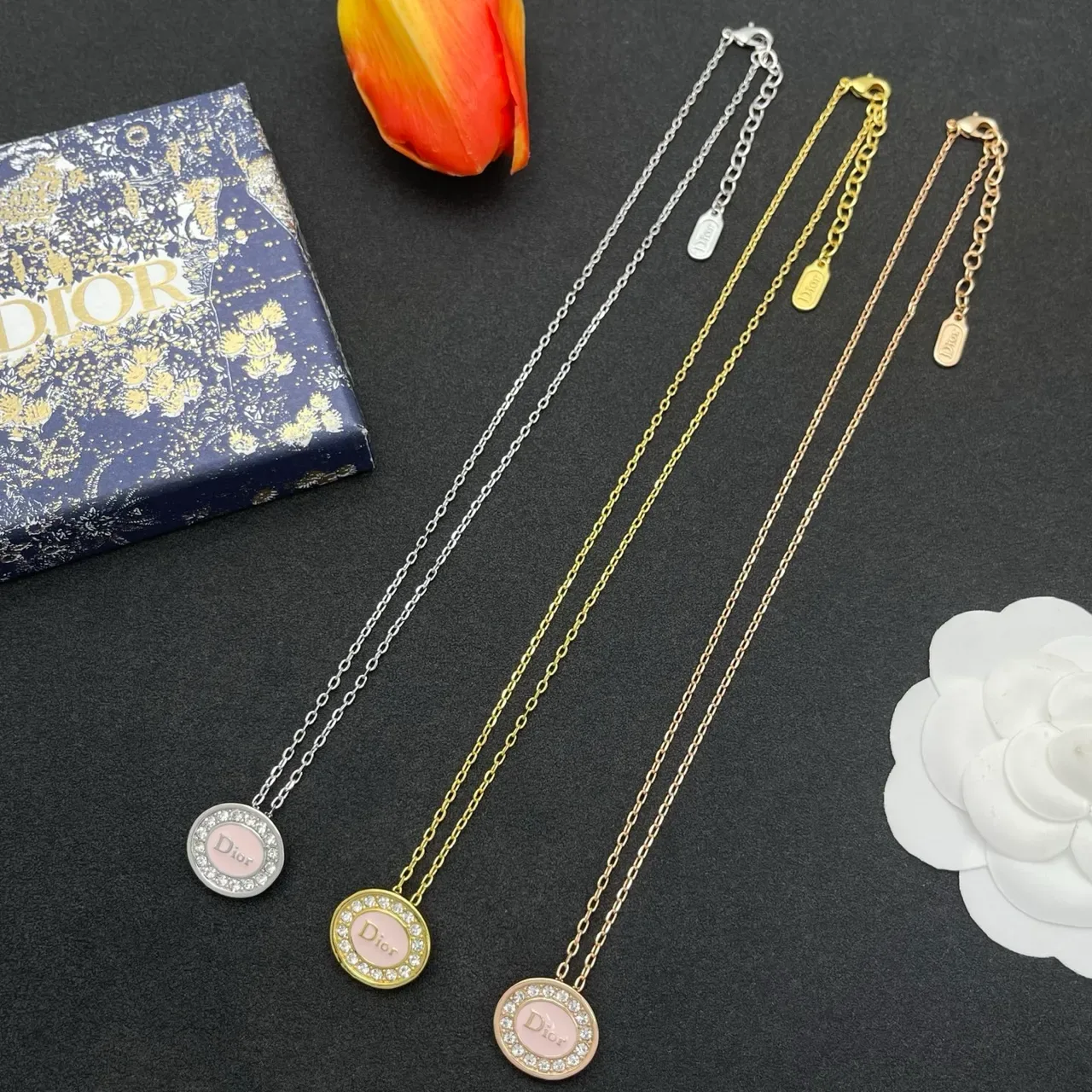 Dior Oval Pink Enamel Crystal Pendant Necklace 2