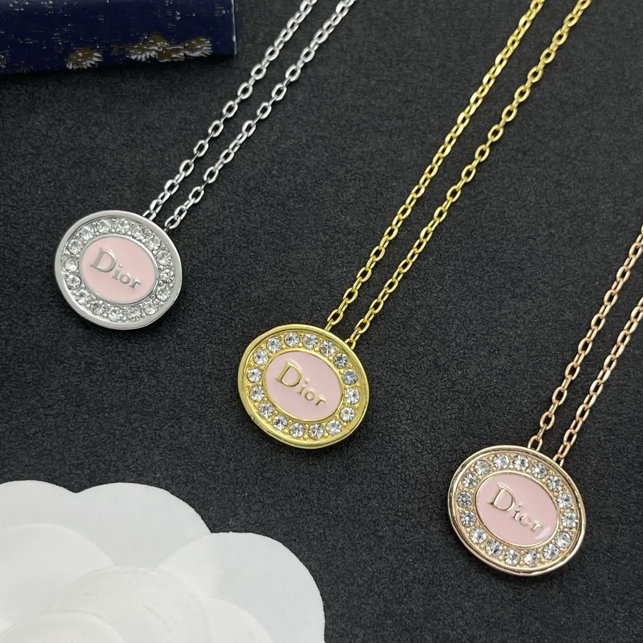 Dior Oval Pink Enamel Crystal Pendant Necklace 3