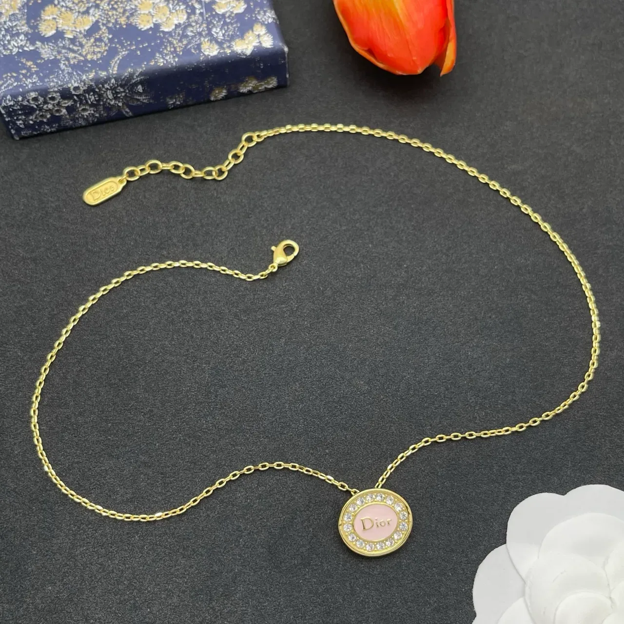 Dior Oval Pink Enamel Crystal Pendant Necklace 9