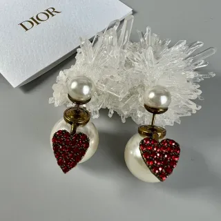 Dior Pearl and Red Crystal Heart Earrings