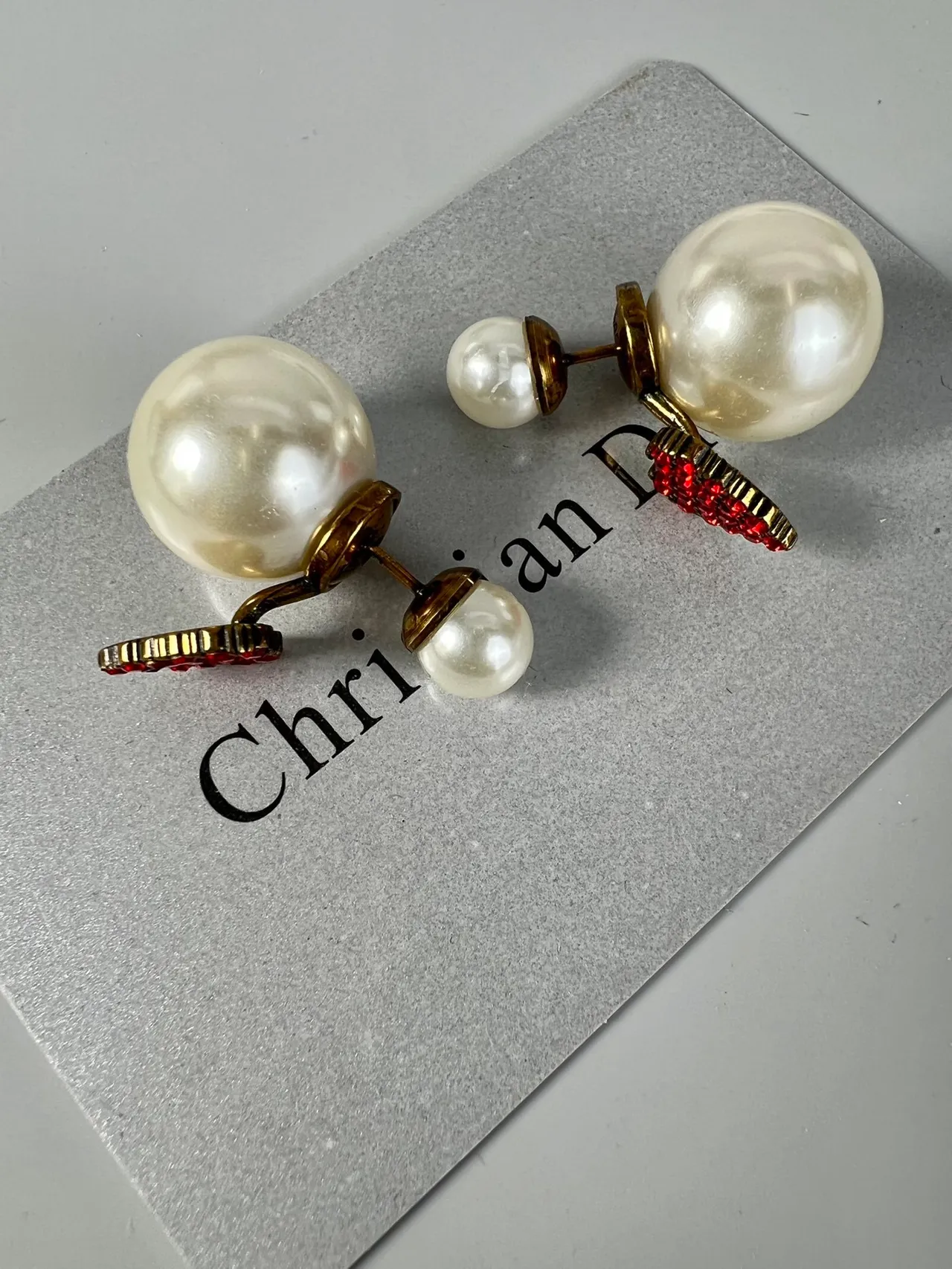 Dior Pearl and Red Crystal Heart Earrings 3