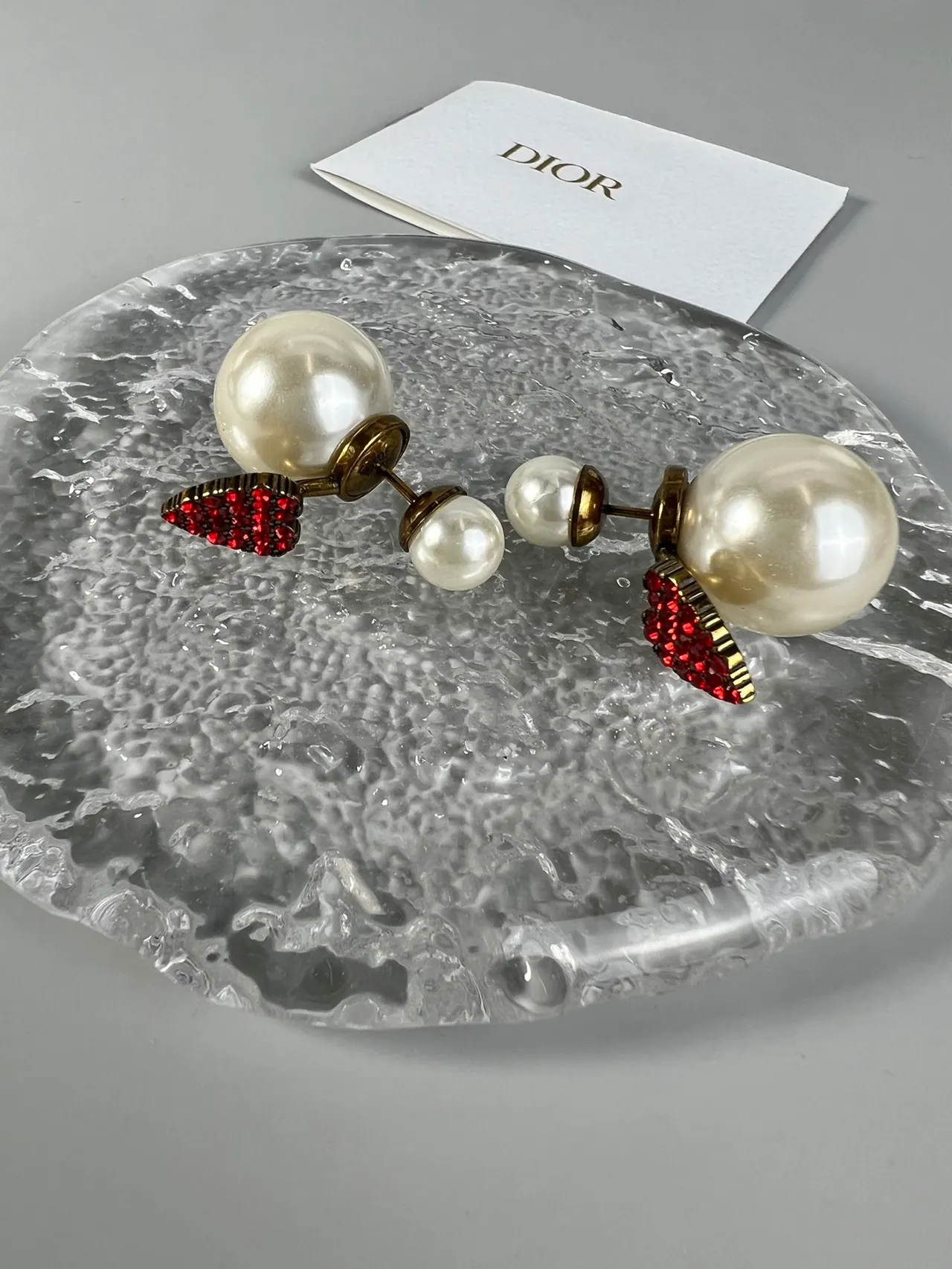 Dior Pearl and Red Crystal Heart Earrings 4