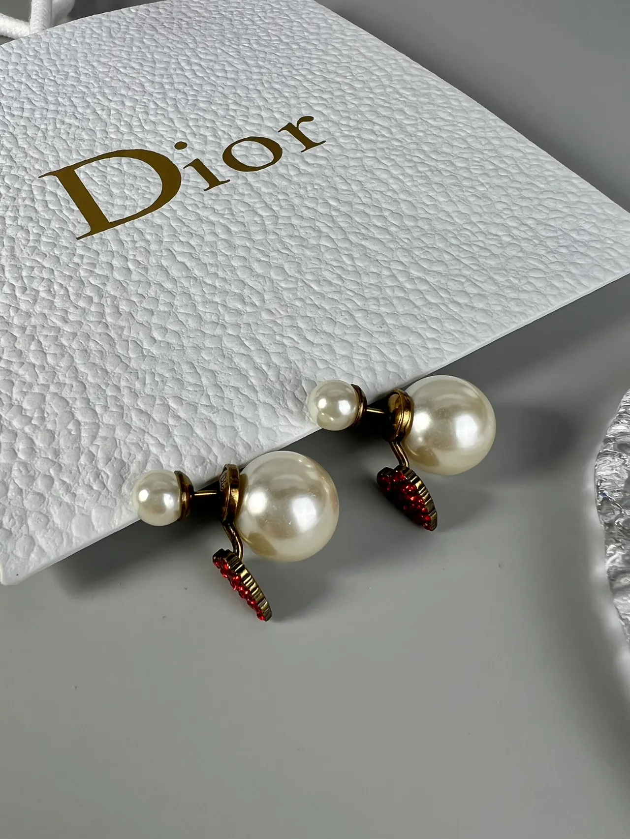 Dior Pearl and Red Crystal Heart Earrings 6