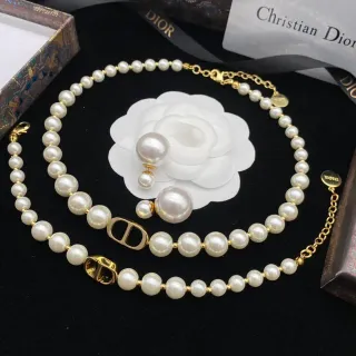 Dior Pearl Strand White Gold CD Logo Clasp Necklace