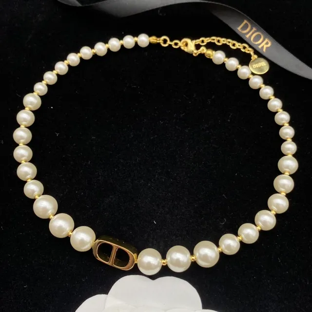 Dior Pearl Strand White Gold CD Logo Clasp Necklace 5
