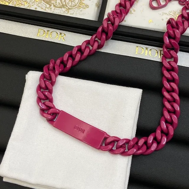 Dior Pink Silver Chunky Curb Chain Engraved Metal Plaque Bracelet 2