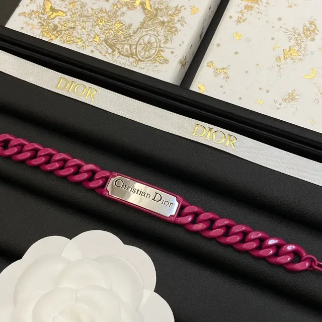 Dior Pink Silver Chunky Curb Chain Engraved Metal Plaque Bracelet 3