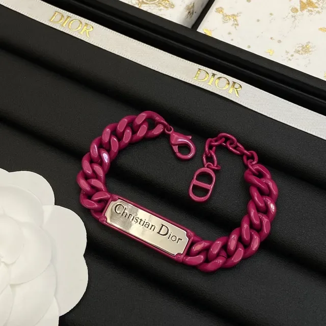 Dior Pink Silver Chunky Curb Chain Engraved Metal Plaque Bracelet 4