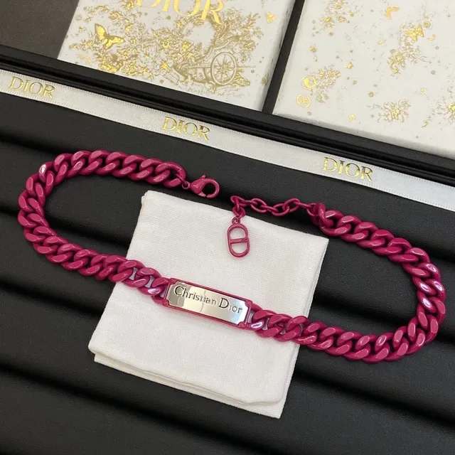 Dior Pink Silver Chunky Curb Chain Engraved Metal Plaque Bracelet 5