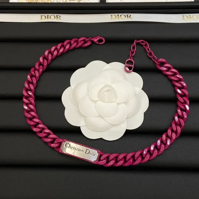 Dior Pink Silver Chunky Curb Chain Engraved Metal Plaque Bracelet 6
