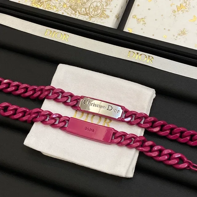 Dior Pink Silver Chunky Curb Chain Engraved Metal Plaque Bracelet 8