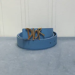 Dior Script Logo Belt Blue Gold Pebbled Buckle Leather Belt