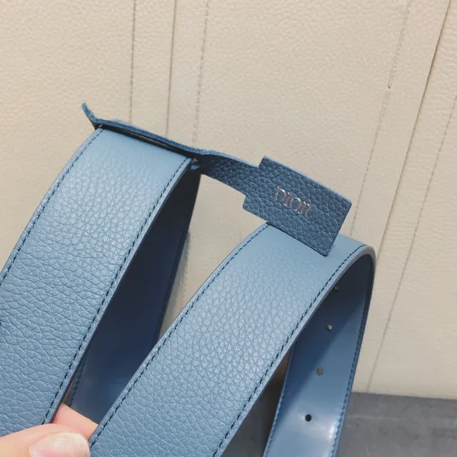 Dior Script Logo Belt নীল সোনা দানাদার বাকল চামড়া বেল্ট 4