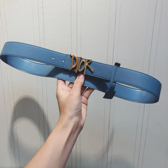 Dior Script Logo Belt নীল সোনা দানাদার বাকল চামড়া বেল্ট 5